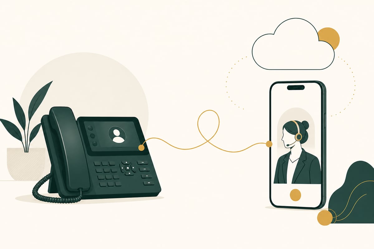 Modern illustration of a smartphone and an office desk phone connected by a single curving gold line, on a parchment background