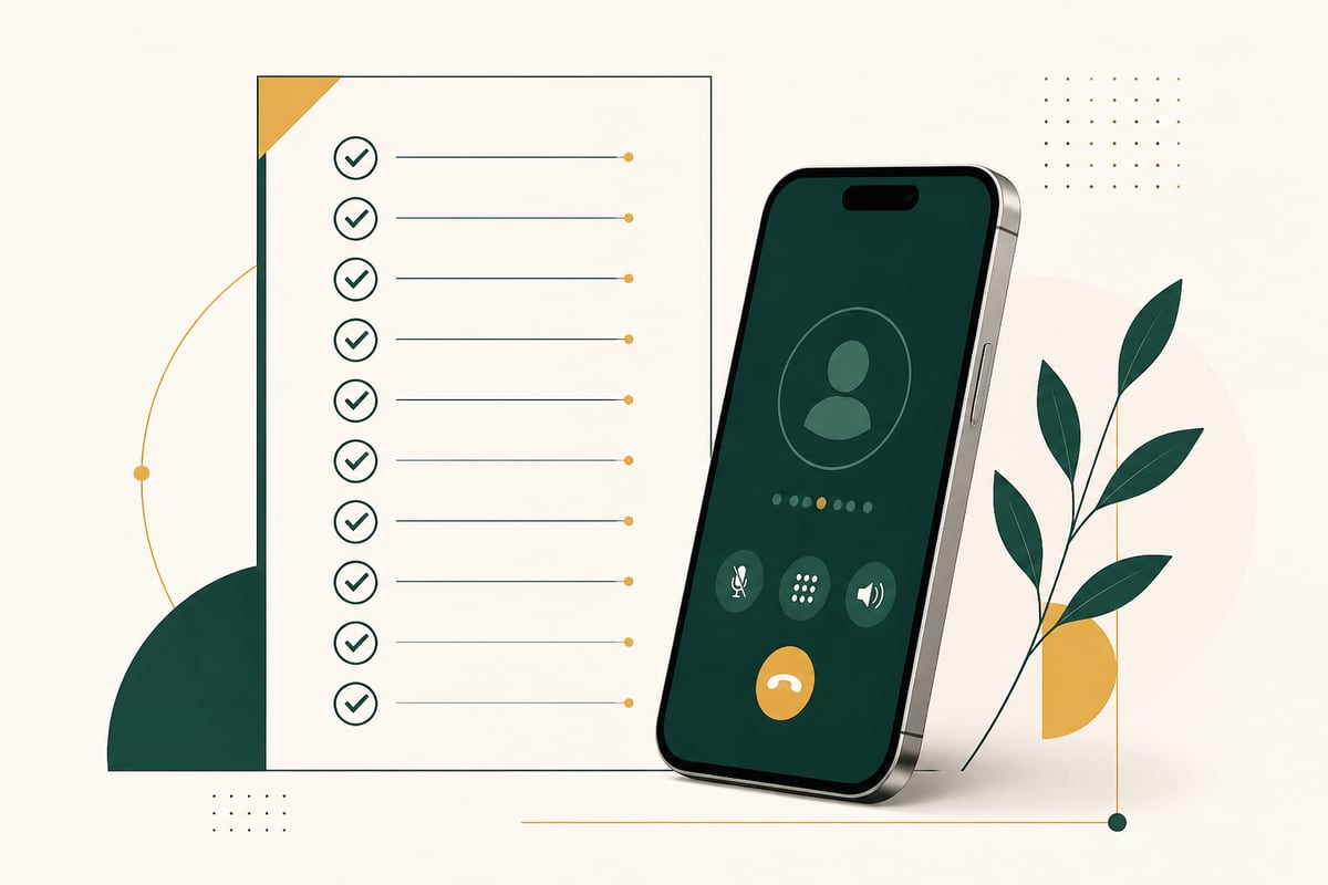 Modern illustration of a checklist beside a smartphone, ten small check marks in green and gold on parchment