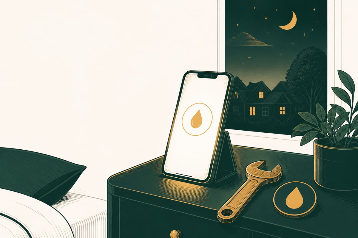 Modern illustration of a smartphone showing a night-time call beside a wrench and a small water droplet icon, green and gold on parchment